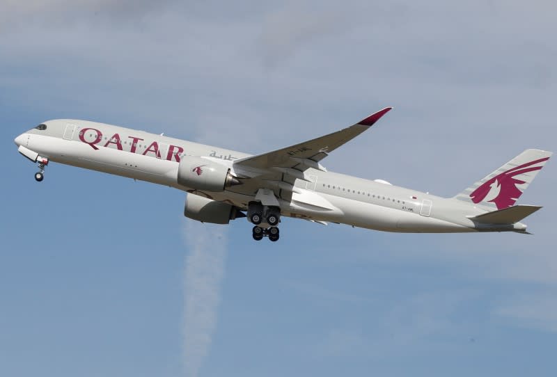 FILE PHOTO: A Qatar Airways aircraft takes off at the aircraft builder's headquarters of Airbus in Colomiers near Toulouse
