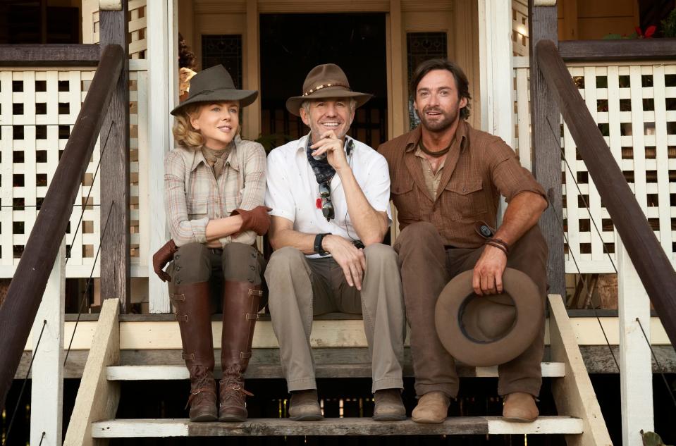 Nicole Kidman, left, director Baz Luhrmann and Hugh Jackman on the set of 2008 movie "Australia."