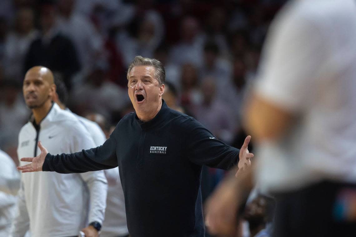 Kentucky head coach John Calipari reacts to a call during Saturday’s game against Arkansas at Bud Walton Arena in Fayetteville, Ark.