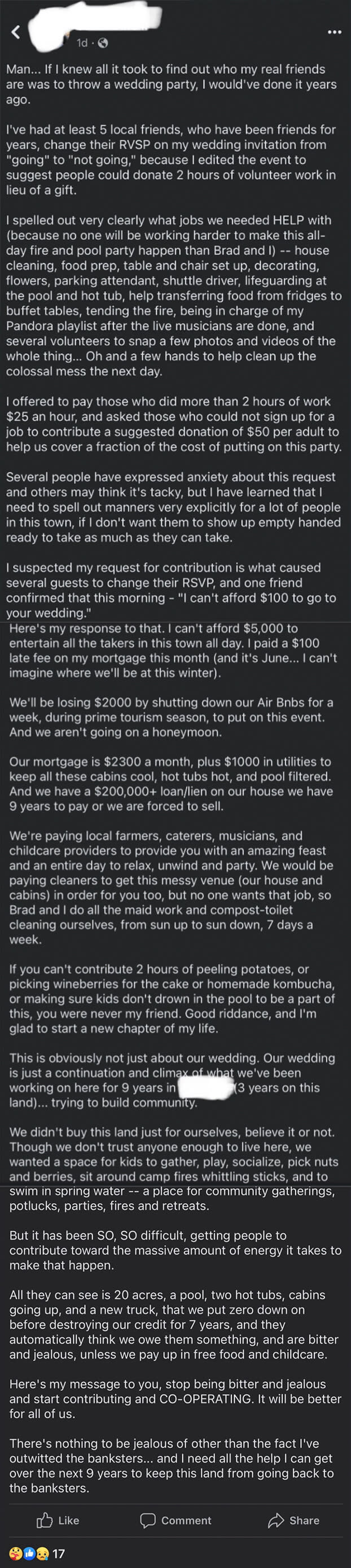 long message about the couple needing to shut down their airbnb so they can host their own wedding there but it'll make them lose money so they are demanding people help