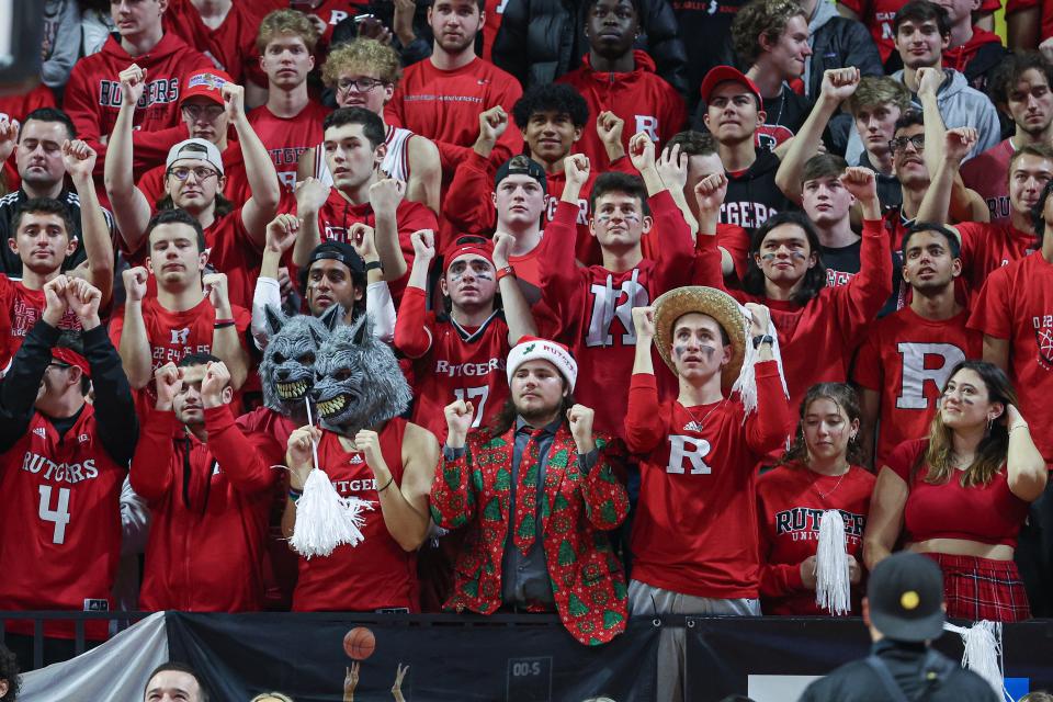 Rutgers Scarlet Knights fans cheer during the first half against the Indiana Hoosiers at Jersey Mike's Arena. Mandatory Credit: Vincent Carchietta-USA TODAY Sports