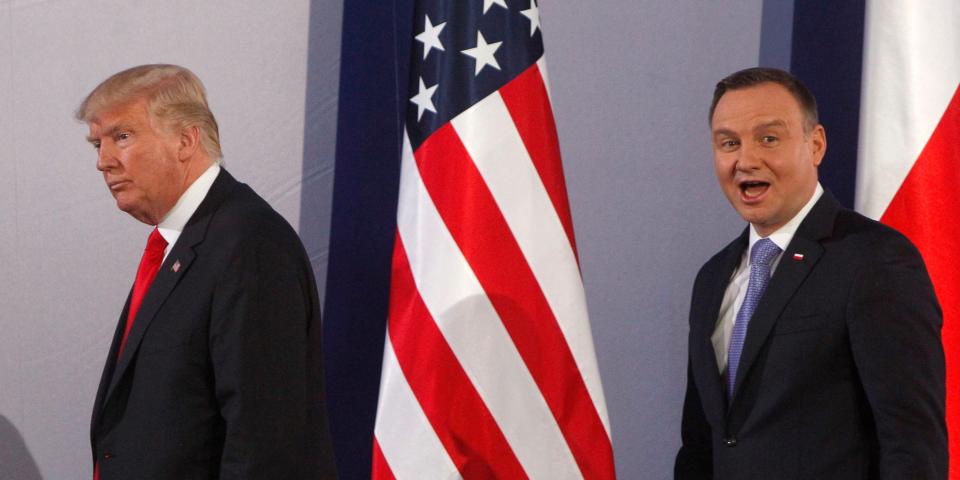 File -- In this Thursday, July 6, 2017 file photo U.S. President Donald Trump, left, and Poland's President Andrzej Duda, leave at the end of a joint press conference, in Warsaw, Poland. Trump and Duda will meet at the White House on June 24, four days ahead of a presidential election in Poland in which Duda, a conservative, is seeking reelection. The meeting is expected to give Duda a boost, and is seen by some as election interference. (AP Photo/Czarek Sokolowski/file)