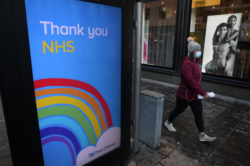 Embargoed to 2330 Thursday January 28 File photo dated 12/01/21 of a person walking past a 'thank you NHS' sign. The NHS is 