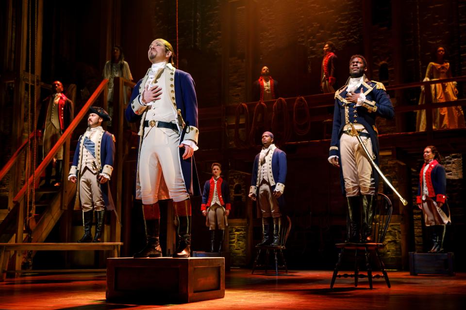 Joseph Morales, foreground, stars in the title role of "Hamilton," which has its second run at Providence Performing Arts Center from  Nov. 30 through Dec. 12.