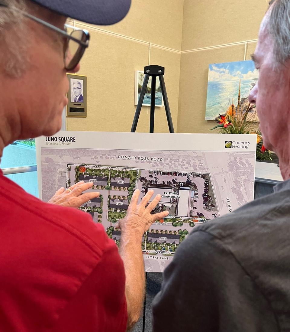 Plans for the Juno Square townhomes in Juno Beach drew about 40 people to a community meeting on Thursday, Aug. 17, 2023. It's one of two housing communities in the planning stages for the intersection of Donald Ross Road and U.S. 1.