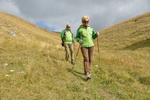 <span class="caption">Eccentric exercises (such as walking downhill) cause our muscles to lengthen under the load in order to slow the body down.</span> <span class="attribution"><a class="link " href="https://www.shutterstock.com/image-photo/senior-tourist-couple-hiking-beautiful-mountains-770946652" rel="nofollow noopener" target="_blank" data-ylk="slk:FS Stock/Shutterstock;elm:context_link;itc:0;sec:content-canvas">FS Stock/Shutterstock</a></span>