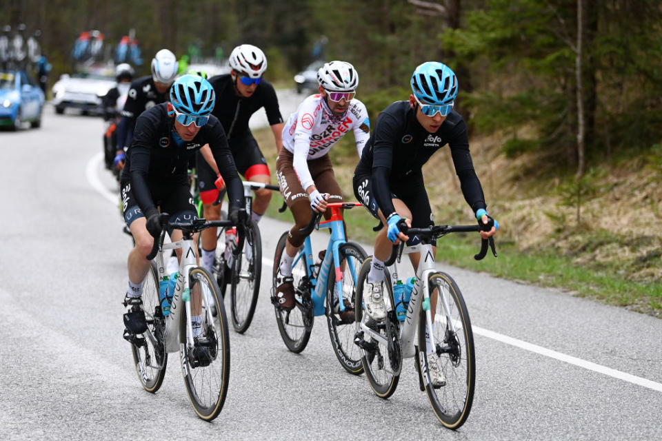 ALPBACH AUSTRIA  APRIL 17 LR Andrea Garosio of Italy and EoloKometa Cycling Team Moran Vermeulen of Austria and Team Austria Valentin ParetPeintre of France and Ag2R Citron Team and Alex Martin of Spain and EoloKometa Cycling Team compete in the breakaway during the 46th Tour of the Alps 2023 Stage 1 a 1275km stage from Rattenberg to Alpbach 984m on April 17 2023 in Alpbach Austria Photo by Tim de WaeleGetty Images