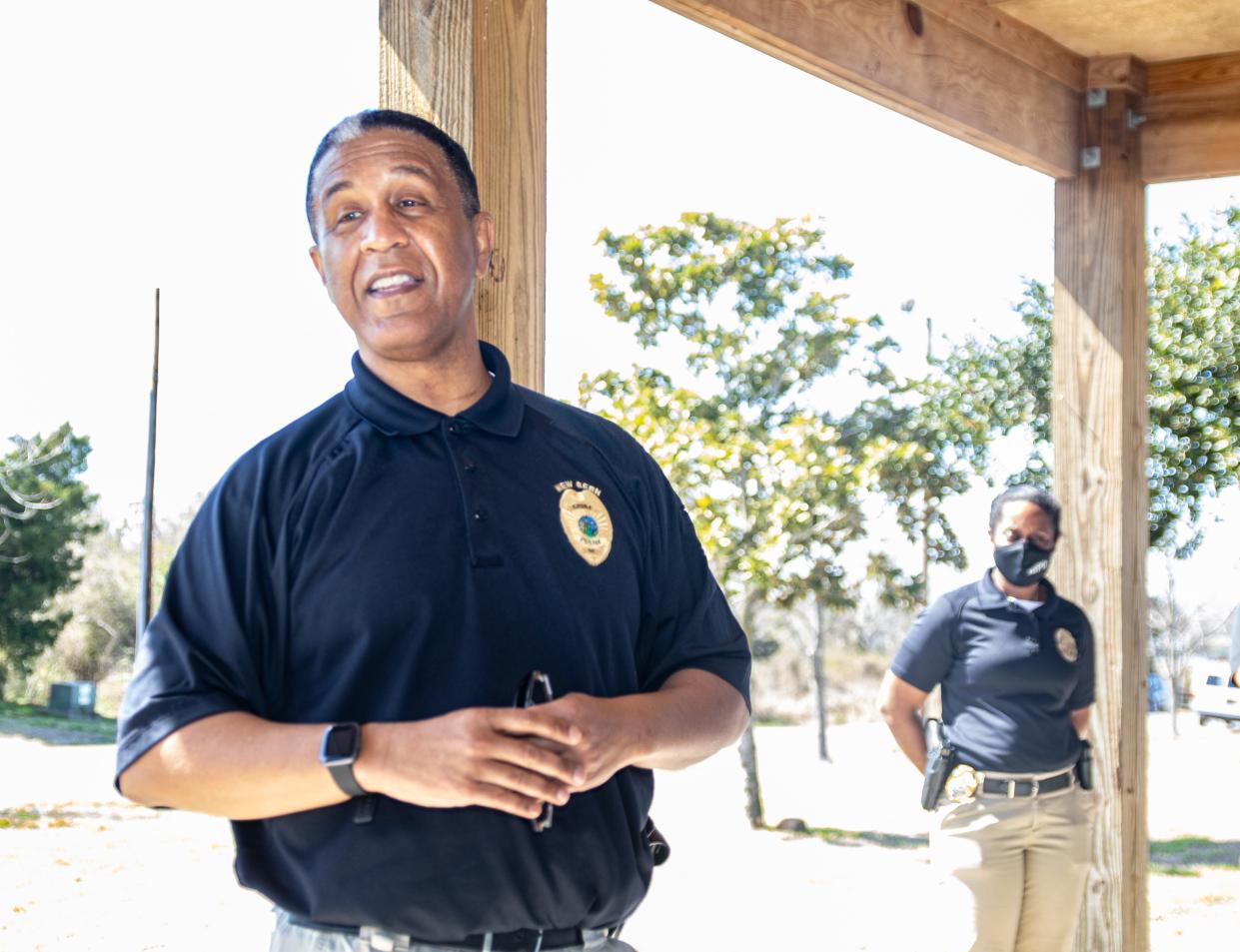 Retiring New Bern Police Chief Toussaint Summers Jr. speaks to friends from local churches who gathered at Lawson Creek Park to celebrate his retirement.