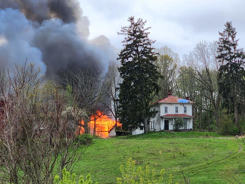 A storage barn on the A.D. Fasnacht Farm Park at  1140 Jackson Ave. NW in Perry Township caught fire Sunday. The fire destroyed the barn built in the 1930s that stored tractors. Perry Township acquired the farm in 2007 and it is now designated as a township park.