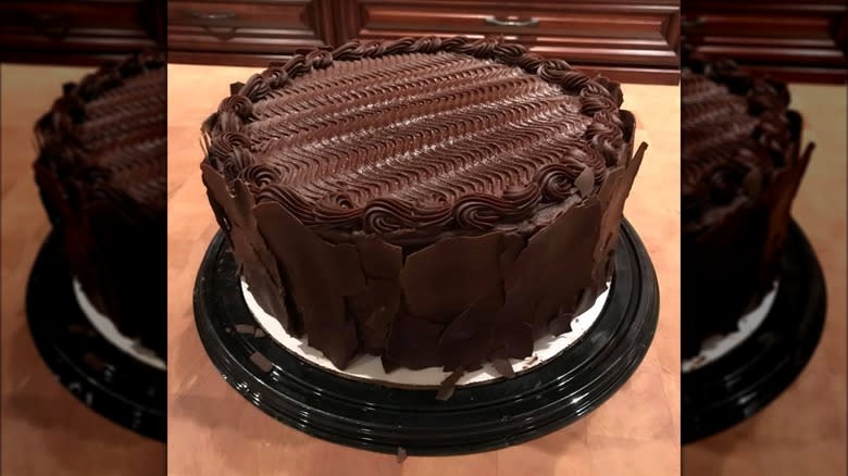 Freshly unboxed Costco All-American chocolate cake