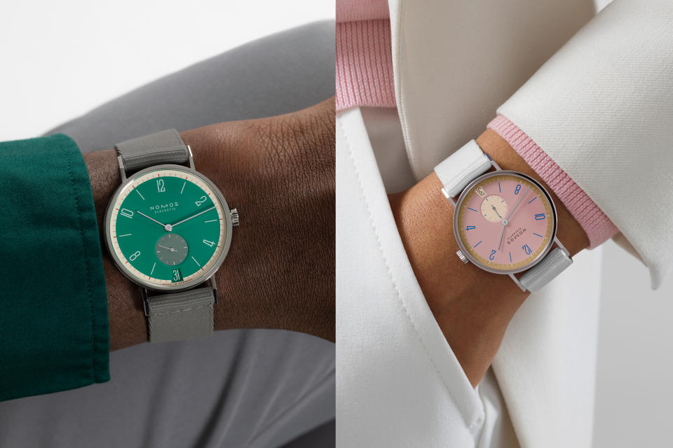 Nomos' Tangente 38 Date – 175 Years Watchmaking Glashütte in Schlossgrün and Pompadour, 2 of 31 colorways showcased at the fair.
