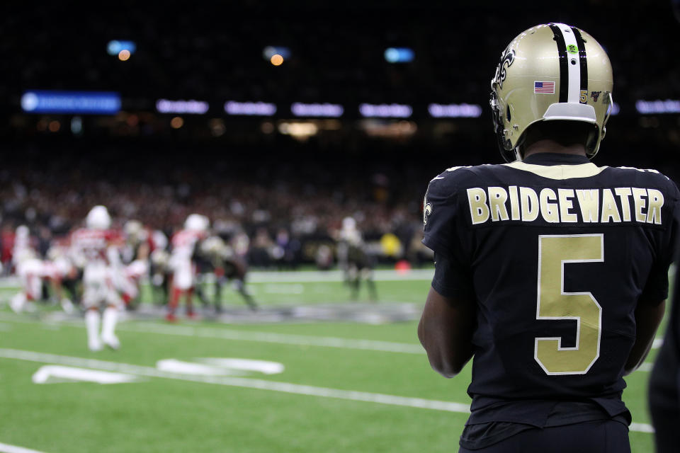 NEW ORLEANS, LOUISIANA – OCTOBER 27: Teddy Bridgewater #5 of the New Orleans Saints looks on from the sidelines of their NFL game against the <a class="link " href="https://sports.yahoo.com/nfl/teams/arizona/" data-i13n="sec:content-canvas;subsec:anchor_text;elm:context_link" data-ylk="slk:Arizona Cardinals;sec:content-canvas;subsec:anchor_text;elm:context_link;itc:0">Arizona Cardinals</a> at Mercedes Benz Superdome on October 27, 2019 in New Orleans, Louisiana. (Photo by Chris Graythen/Getty Images)