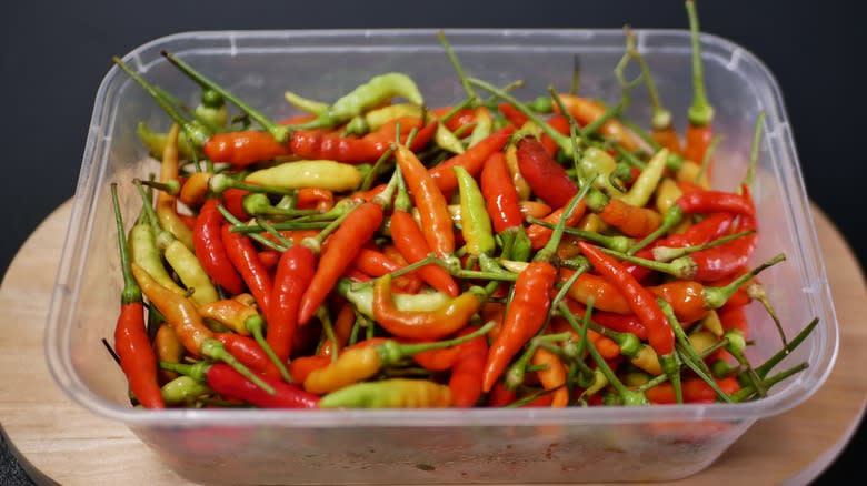 assorted chile pepper in tupperware