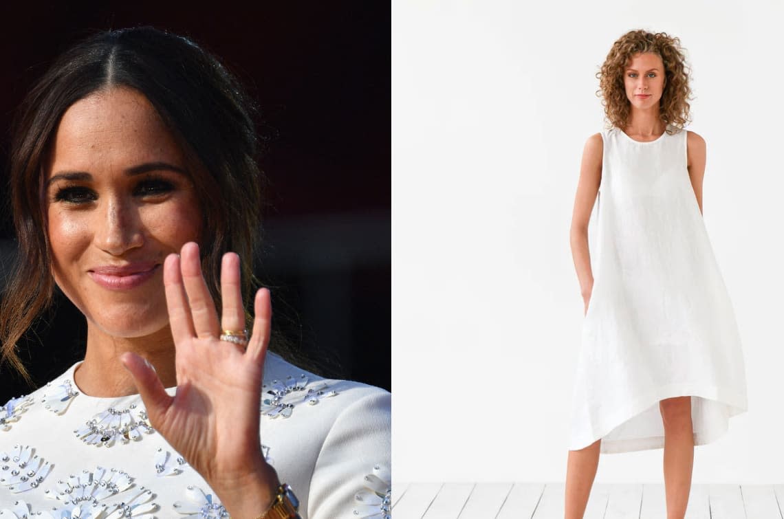 Meghan Markle was spotted in 2020 wearing a linen dress by Magic Linen. Photos via Getty, Magic Linen.