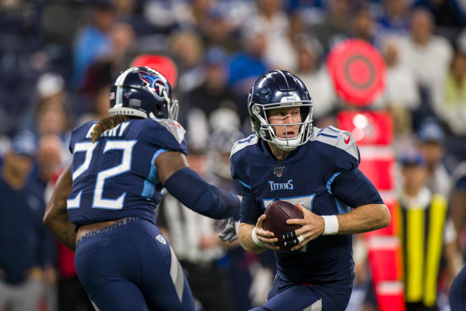 INDIANAPOLIS, IN - DECEMBER 01:  Ryan Tannehill #17 of the Tennessee Titans moves in the pocket during the first quarter against the Indianapolis Colts at Lucas Oil Stadium on December 1, 2019 in Indianapolis, Indiana. Tennessee defeats Indianapolis 31-17.  (Photo by Brett Carlsen/Getty Images)