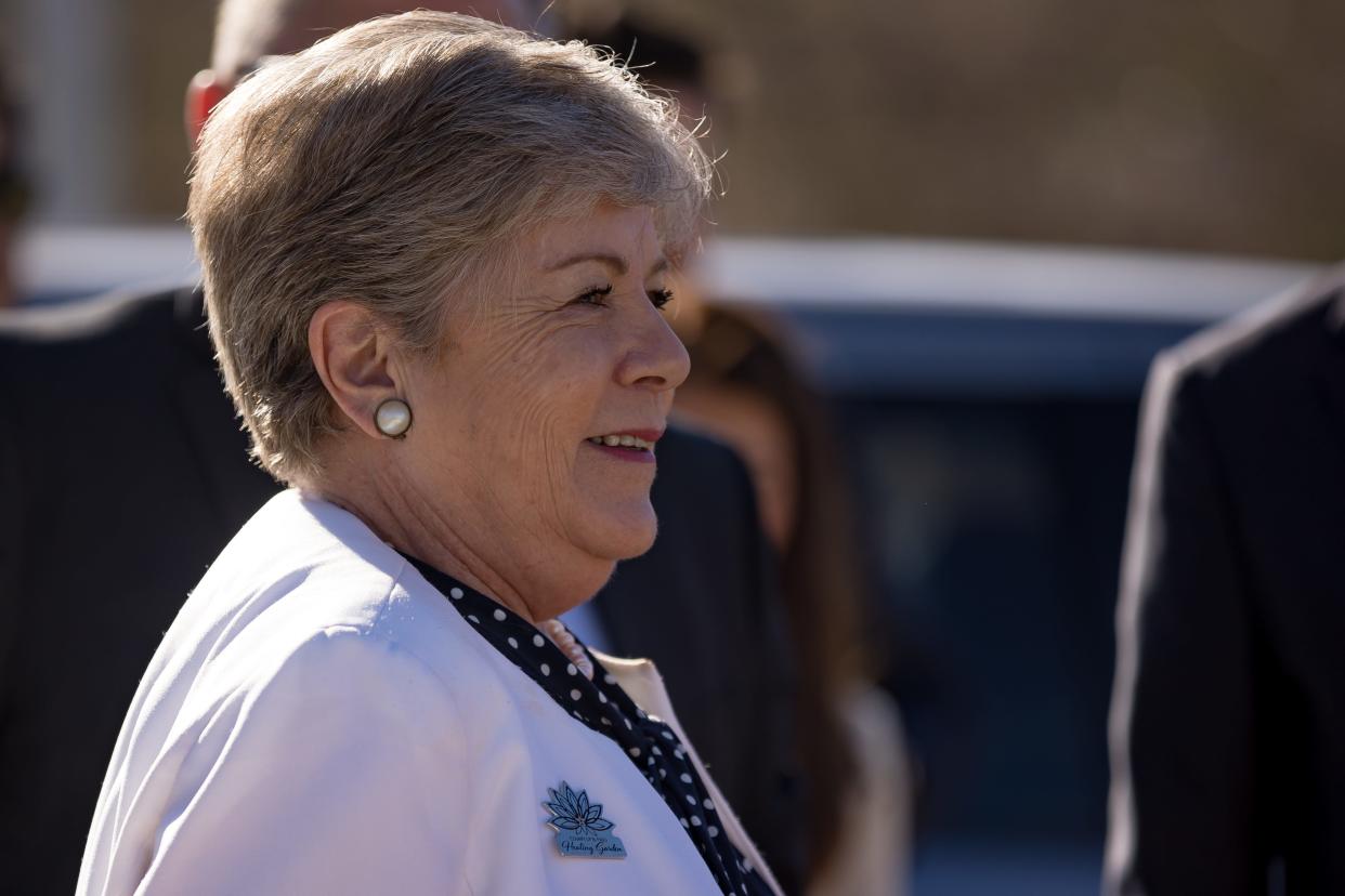 Mexican Foreign Secretary Alicia Barcena arrives at the El Paso Healing Garden in Ascarate Park on Wednesday, April 17, 2024.