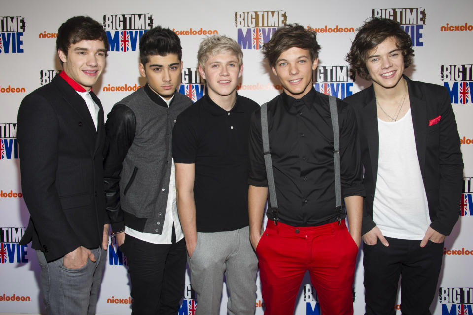 FILE - In this March 8, 2012 file photo, members of the band One Direction, from left, Liam Payne, Zayn Malik, Niall Horan, Louis Tomlinson and Harry Styles attend the premiere of the Nickelodeon TV movie "Big Time Movie" in New York. One Direction, who came in third place on the UK's "X Factor" in 2010, is one of many boy bands who have recently emerged on the music scene since *NSYNC and Backstreet Boys dominated pop music in the 1990s. (AP Photo/Charles Sykes, file)