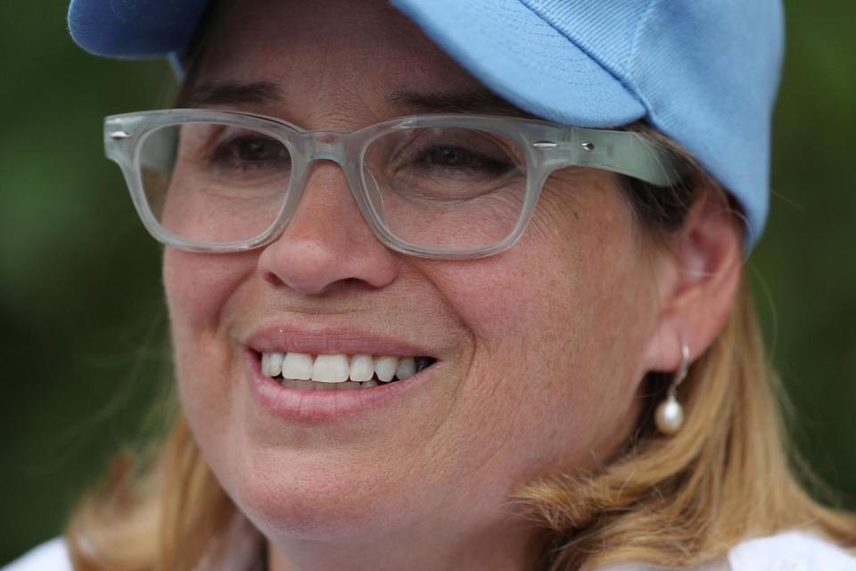 San Juan Mayor Carmen Yulin Cruz speaks to the media as she arrives at the temporary government center setup (Joe Raedle/Getty Images)