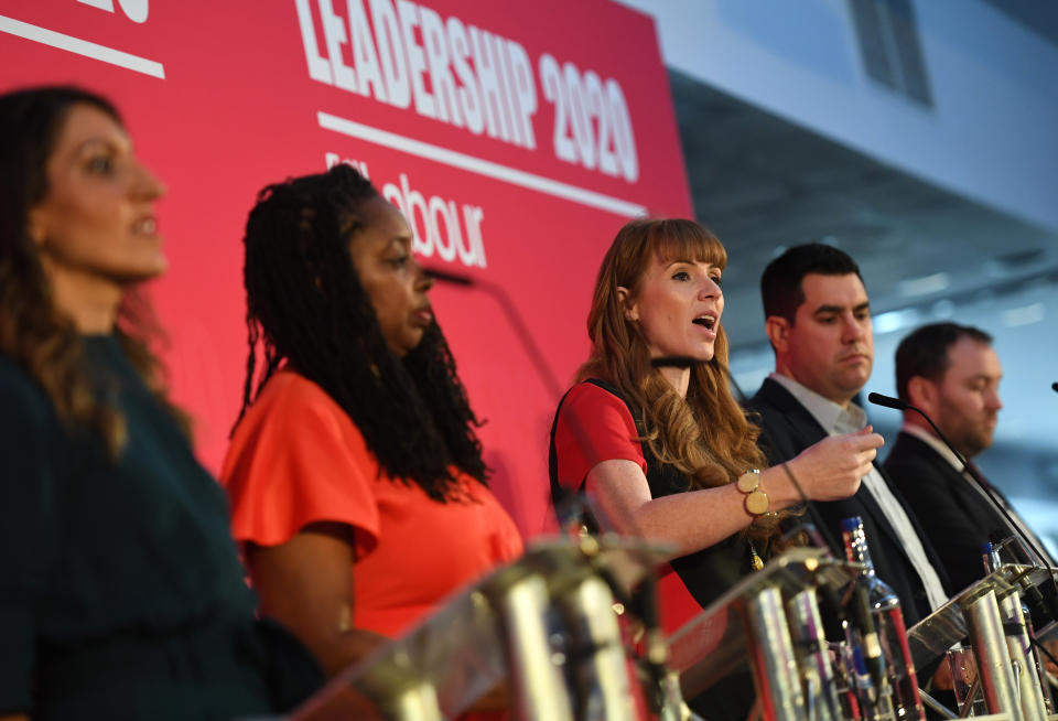 BRISTOL, ENGLAND - FEBRUARY 01: Labour MPs, (L-R)  Dr Rosena Allin-Khan, Dawn Butler, Angela Rayner, Richard Burgon and Ian Murray take part in the party deputy leadership hustings at Ashton Gate Stadium on February 01, 2020 in Bristol, England. Five candidates are vying to become the new Labour deputy leader following the departure of Tom Watson who stood down in November last year. (Photo by Finnbarr Webster/Getty Images)