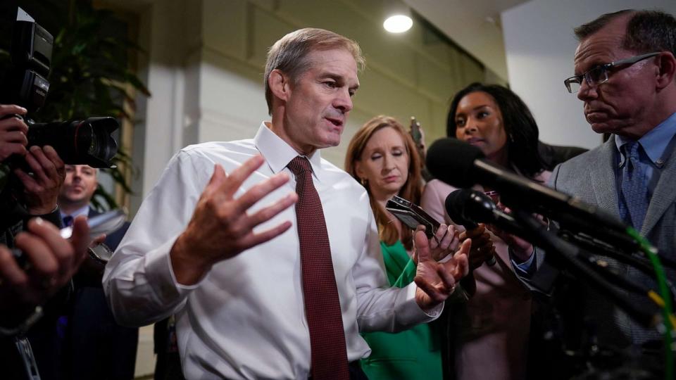 PHOTO: Rep. Jim Jordan chairman of the House Judiciary Committee, speaks with reporters following a closed door meeting with House Republicans as he looks for decisive support to become speaker, at the Capitol, Oct. 16, 2023. (J. Scott Applewhite/AP)