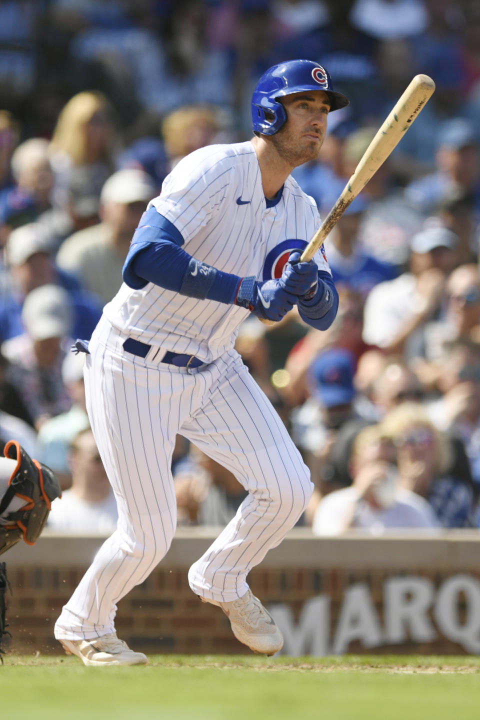 Chicago Cubs' Cody Bellinger watches his RBI double during the third inning of a baseball game against the San Francisco Giants, Wednesday, Sept. 6, 2023, in Chicago. (AP Photo/Paul Beaty)