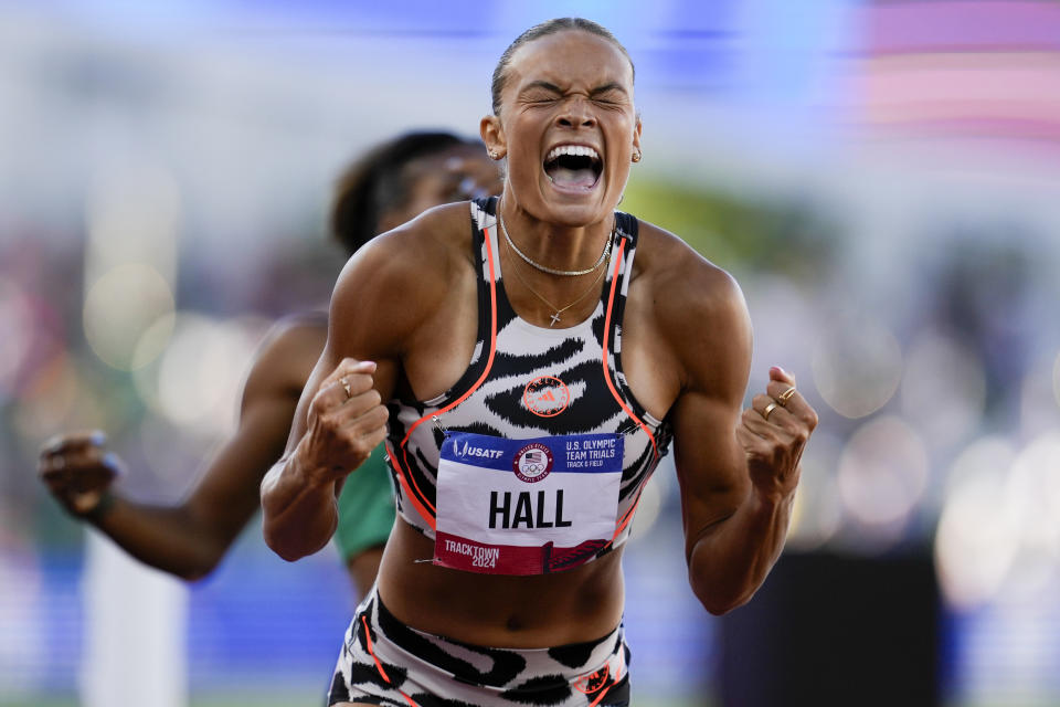 Anna Hall celebrates after winning the women's 800-meter run event and the overall in the heptathlon during the U.S. Track and Field Olympic Team Trials Monday, June 24, 2024, in Eugene, Ore. (AP Photo/George Walker IV)