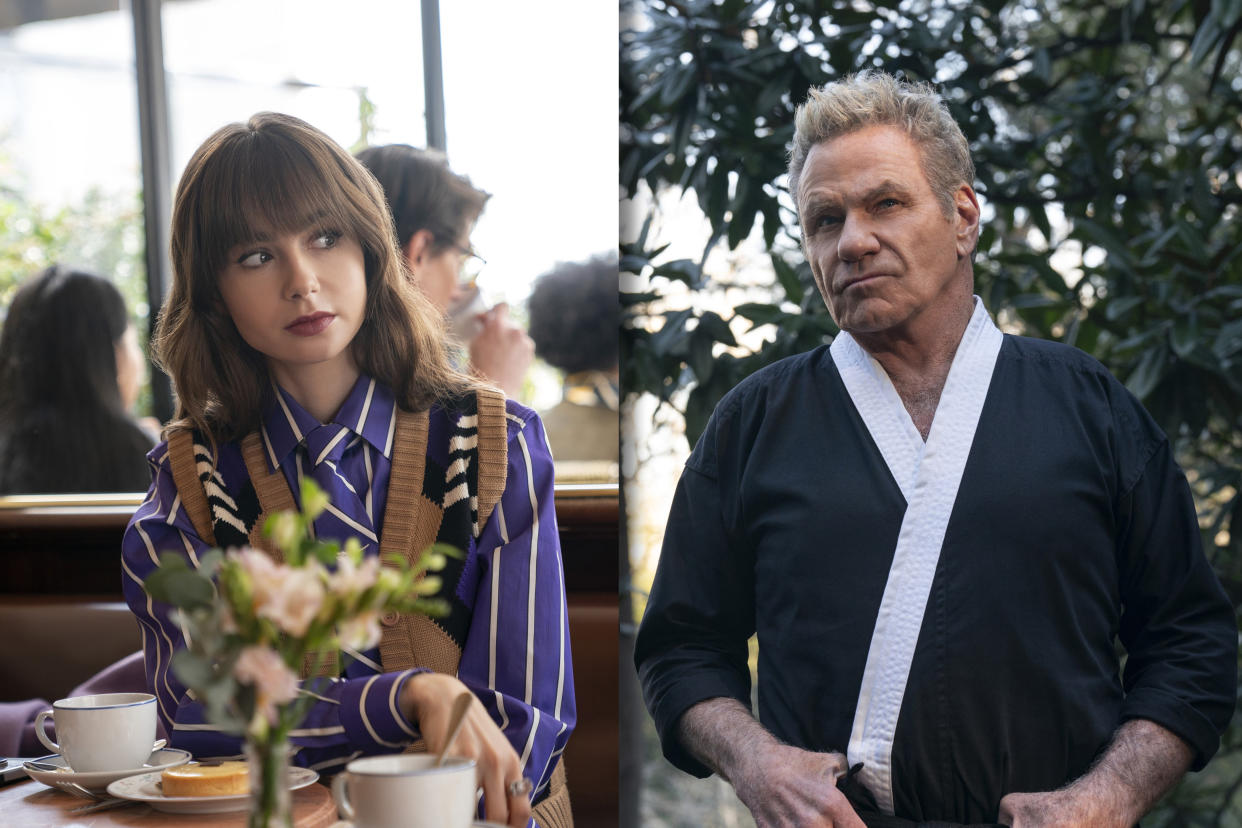 Lily Collins in Emily in Paris and Martin Kove in Cobra Kai, both streaming on Netflix.