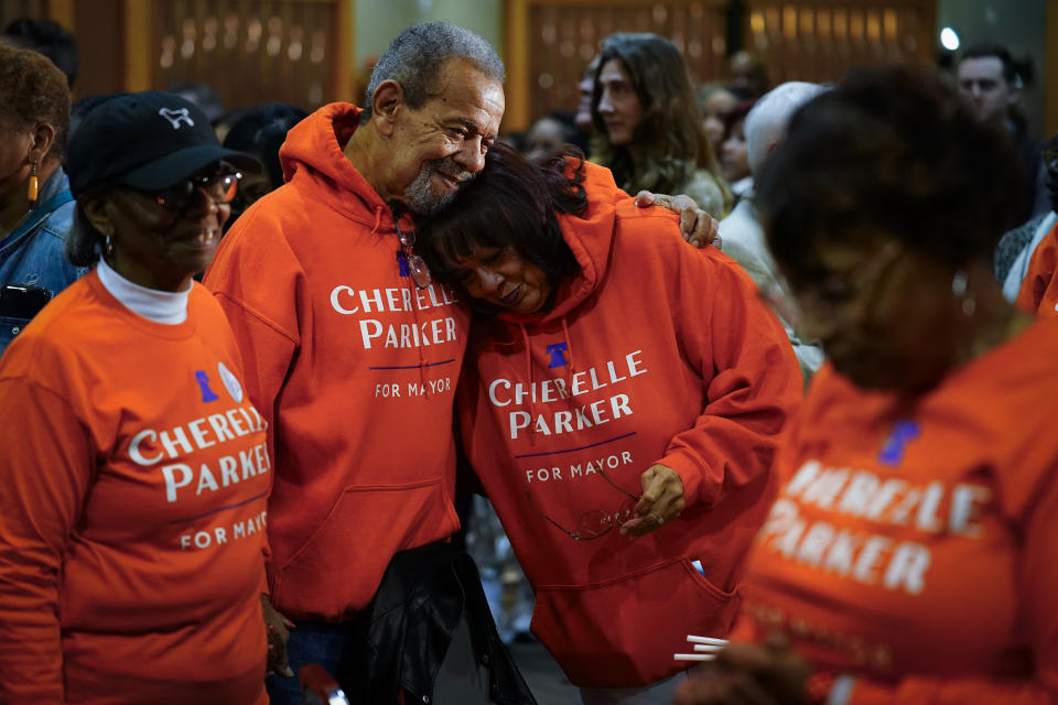 Supporters of Democratic mayoral candidate Cherelle Parker react during an election night event party in Philadelphia, Tuesday, Nov. 7, 2023. Parker has been elected as Philadelphia's 100th mayor, becoming the first woman to hold the office. (AP Photo/Matt Rourke)