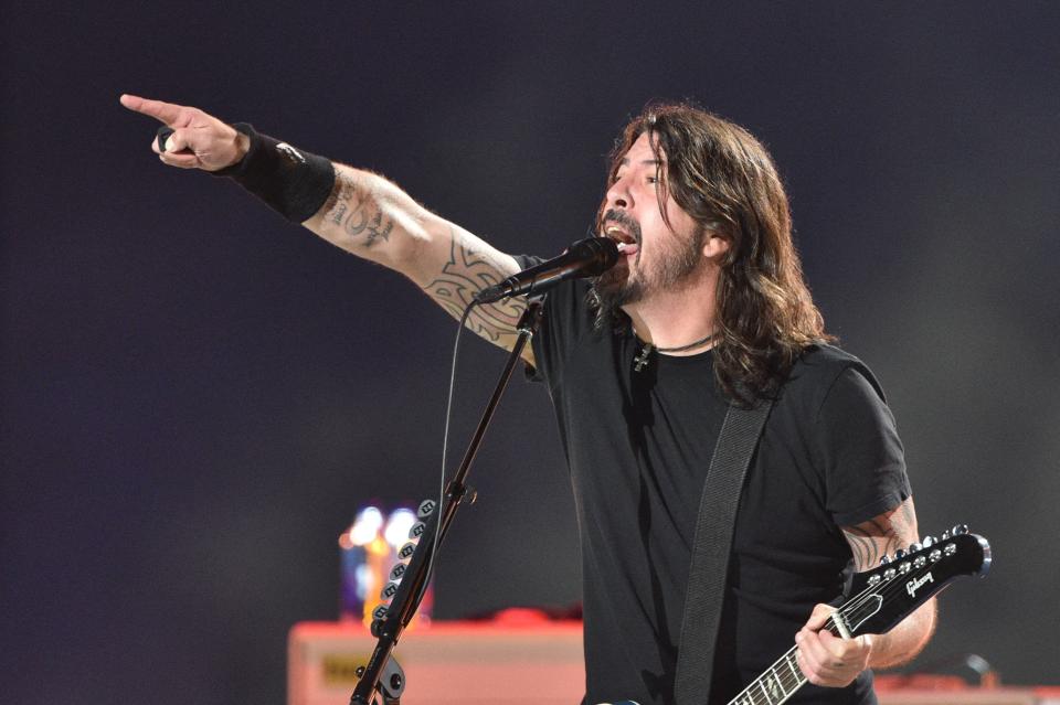 Dave Grohl of the Foo Fighters performs during the taping of the Vax Live fund-raising concert at SoFi Stadium in Inglewood, California, on May 2, 2021.