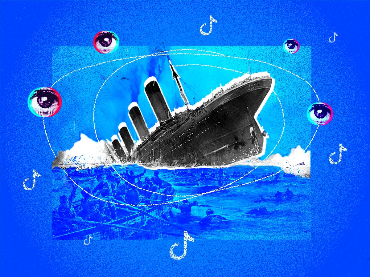 Collage featuring a sketch made by marine artist Willy Stoewer, depicting the Titanic disaster surrounded by scribbles seeing eye and tik tok symbol