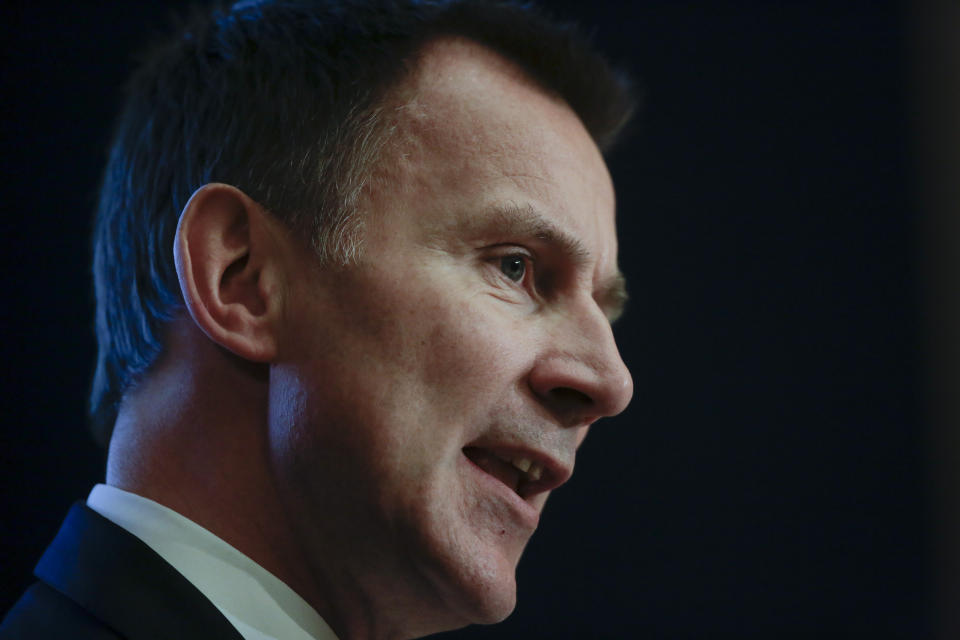 British Foreign Secretary Jeremy Hunt delivers a speech about Britain and Europe at the Konrad-Adenauer-Foundation in Berlin, Germany, Wednesday, Feb. 20, 2019. (AP Photo/Markus Schreiber)