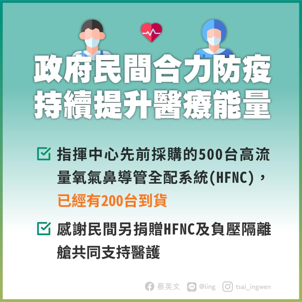 中央向民間說明，目前HFNC採購進度。（圖／翻攝自蔡英文 Tsai Ing-wen臉書） 