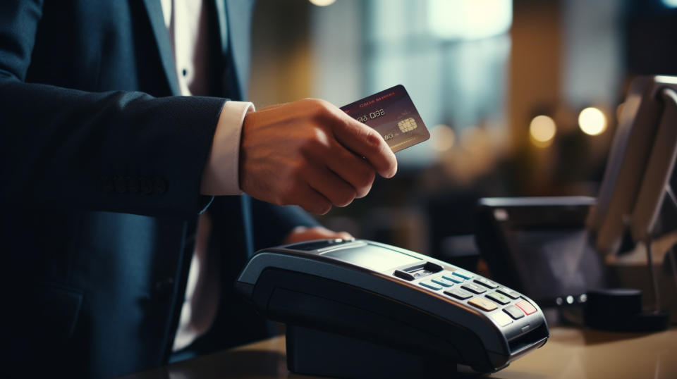 A business professional in a suit is swiping a credit card in a store.