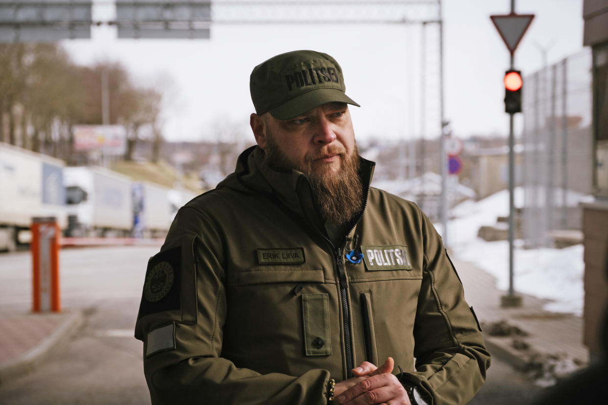 Police officer Erik Liiva at the Narva border crossing where Estonia meets Russia.  (Alessandro Rampazzo for NBC News)