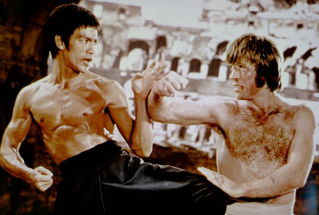 American martial artist Chuck Norris with Chinese American martial artist, actor, director and screenwriter Bruce Lee on the set of his movie 