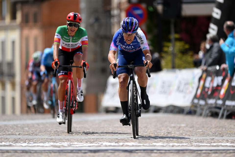 LERMA SPAIN  MAY 19 LR Elisa Balsamo of Italy and Team TrekSegafredo and Tamara DronovaBalabolina of Rusia and Team IsraelPremier Tech sprint at finish line during the 8th Vuelta a Burgos Feminas 2023 Stage 2 a 1189km stage from Sotresgudo to Lerma  UCIWWT  on May 19 2023 in Lerma Spain Photo by Dario BelingheriGetty Images