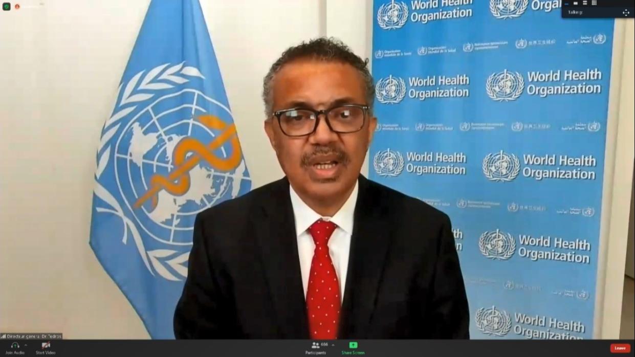 (201109) -- GENEVA, Nov. 9, 2020 (Xinhua) -- A screenshot taken on Nov. 9, 2020 shows World Health Organization Director-General Dr. Tedros Adhanom Ghebreyesus delivering a speech at the resumed session of the 73rd World Health Assembly in Geneva, Switzerland. The resumed session of the 73rd World Health Assembly opened on Monday to address some of the most pressing global health issues and emergencies, including the COVID-19 pandemic that had claimed over 1.25 million lives and infected more than 50 million people worldwide. (Xinhua) (Xinhua/Xinhua  via Getty Images)