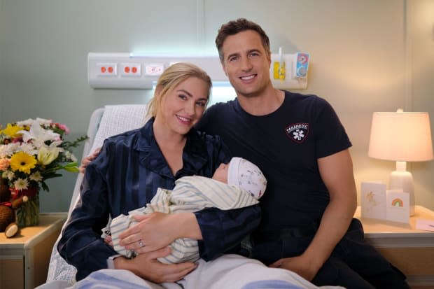 Sarah (Jessica Sipos) and her husband Kevin O'Brien (Brandan Penny) welcome their new baby in the "Chesapeake Shores" series finale.<p>David Astorga</p>