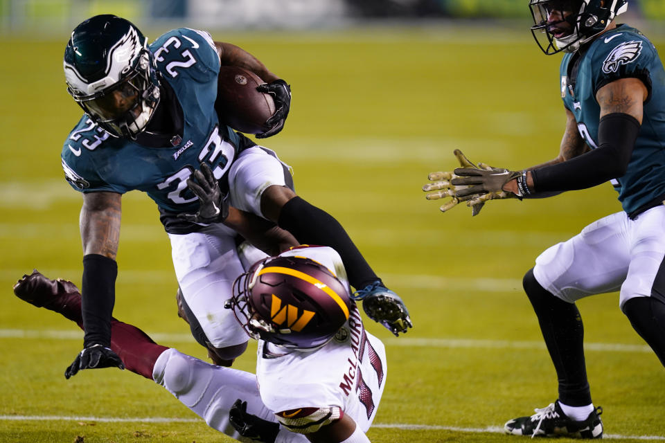 Philadelphia Eagles safety C.J. Gardner-Johnson (23) runs against Washington Commanders wide receiver Terry McLaurin (17) during the second half of an NFL football game, Monday, Nov. 14, 2022, in Philadelphia. (AP Photo/Chris Szagola)