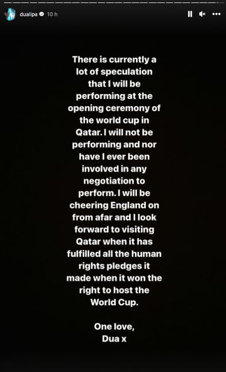 Dua Lipa se bajó de la inauguración del Mundial Qatar 2022