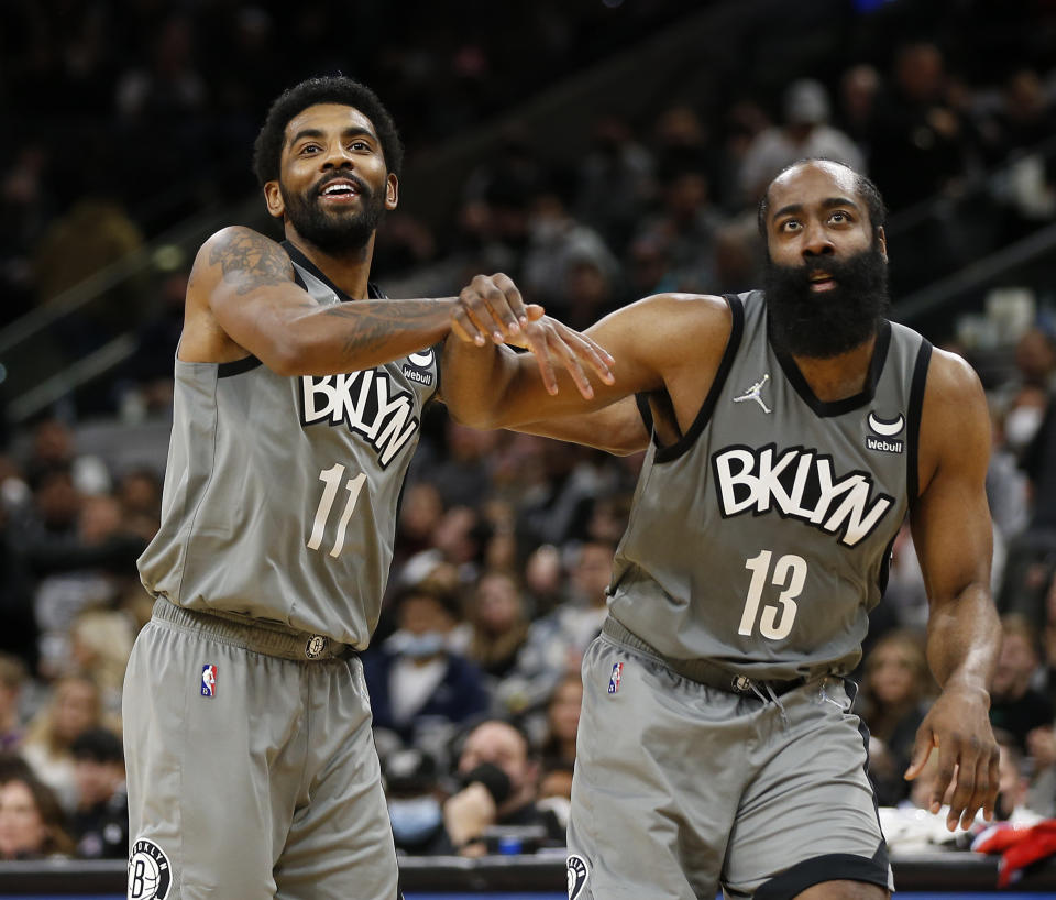 Kyrie Irving and James Harden, pictured here in action for the Brooklyn Nets against the San Antonio Spurs.