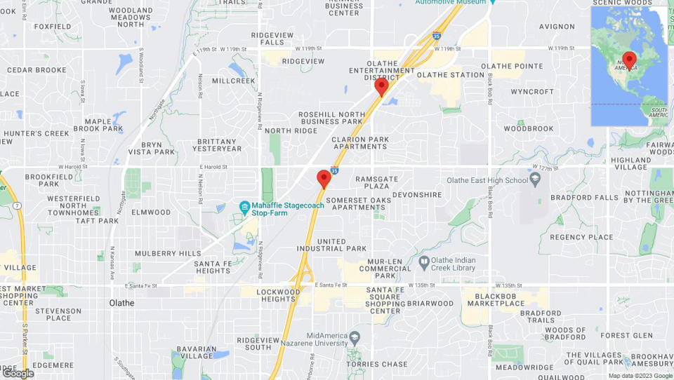 A detailed map that shows the affected road due to 'Crash reported on eastbound I-35 in Olathe' on December 24th at 7:49 p.m.