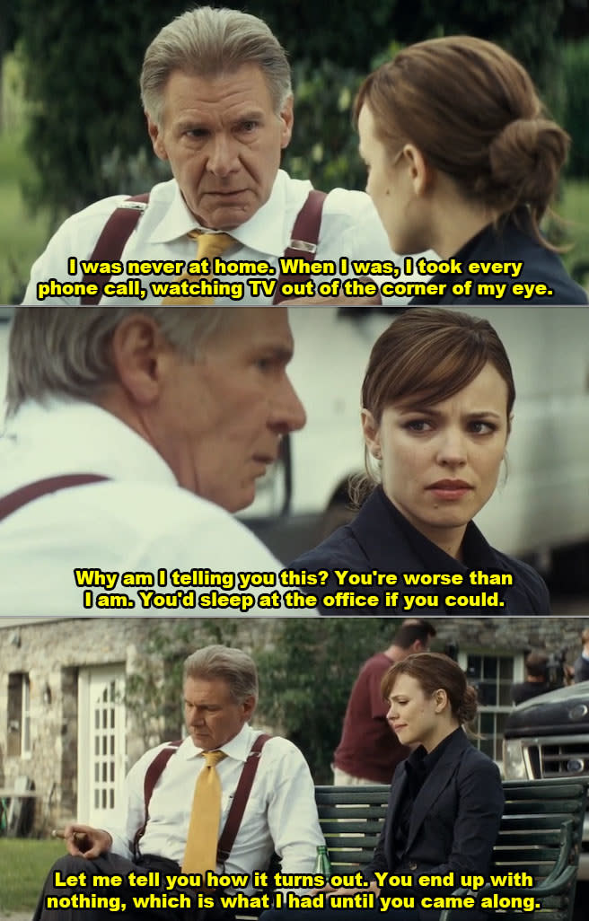 Harrison Ford and Rachel McAdams sitting on a bench in "Morning Glory"