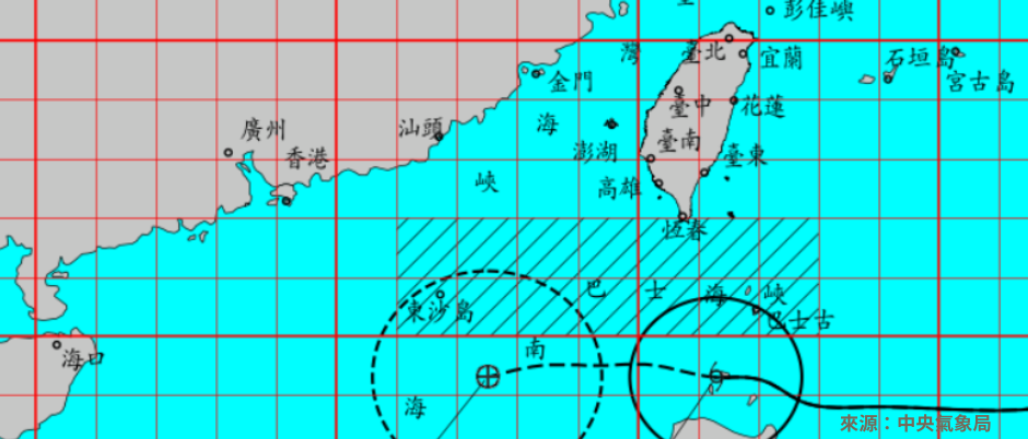 尼莎颱風進入巴士海峽後，暴風圈半徑會擴大，預計十六日夜遠離台灣。（南市消防局提供）