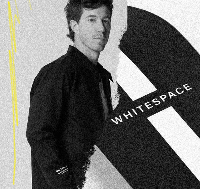 Black and white portrait of Snowboarder and Entrepreneur Shaun White over a collage of a snowboard.