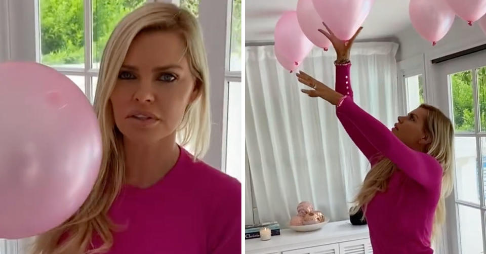 L: Sophie Monk holding a pink balloon. R: Sophie Monk sticking a pink balloon to the ceiling