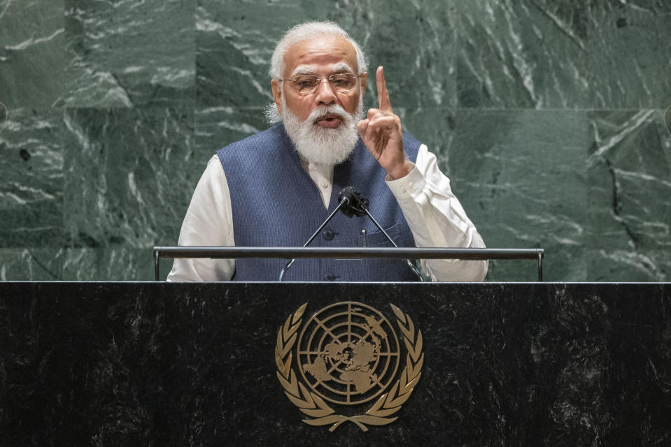 India's Prime Minister Narendra Modi addresses the 76th Session of the U.N. General Assembly at United Nations headquarters in New York, on Saturday, Sept. 25, 2021. (Eduardo Munoz /Pool Photo via AP)