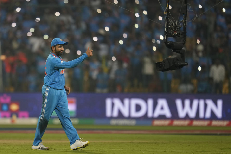 India's captain Rohit Sharma reacts as he celebrates after winning the ICC Men's Cricket World Cup match against Netherlands in Bengaluru, India, Sunday, Nov. 12, 2023. (AP Photo/Aijaz Rahi)