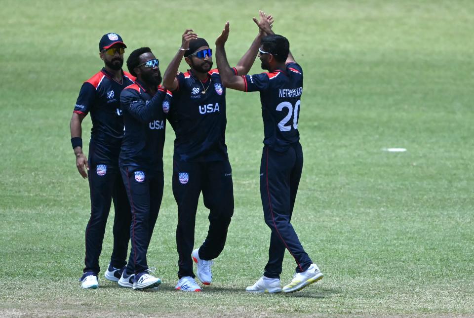 Team USA celebrates the dismissal of South Africa's David Miller during the ICC men's Twenty20 World Cup 2024 Super Eight cricket match between the United States and South Africa at Sir Vivian Richards Stadium in North Sound, Antigua and Barbuda on June 19, 2024.