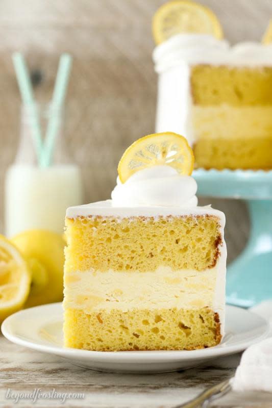 <p>Beyond Frosting</p><p>This layered cake features two layers of lemon cake with a no-churn lemon ice cream layer sandwiched between them. It’s covered in whipped cream and garnished with candied lemons.</p><p><strong>Get the recipe: <a href="https://beyondfrosting.com/2017/05/17/lemon-ice-cream-cake/" rel="nofollow noopener" target="_blank" data-ylk="slk:Lemon Ice Cream Cake;elm:context_link;itc:0;sec:content-canvas" class="link ">Lemon Ice Cream Cake</a></strong></p>